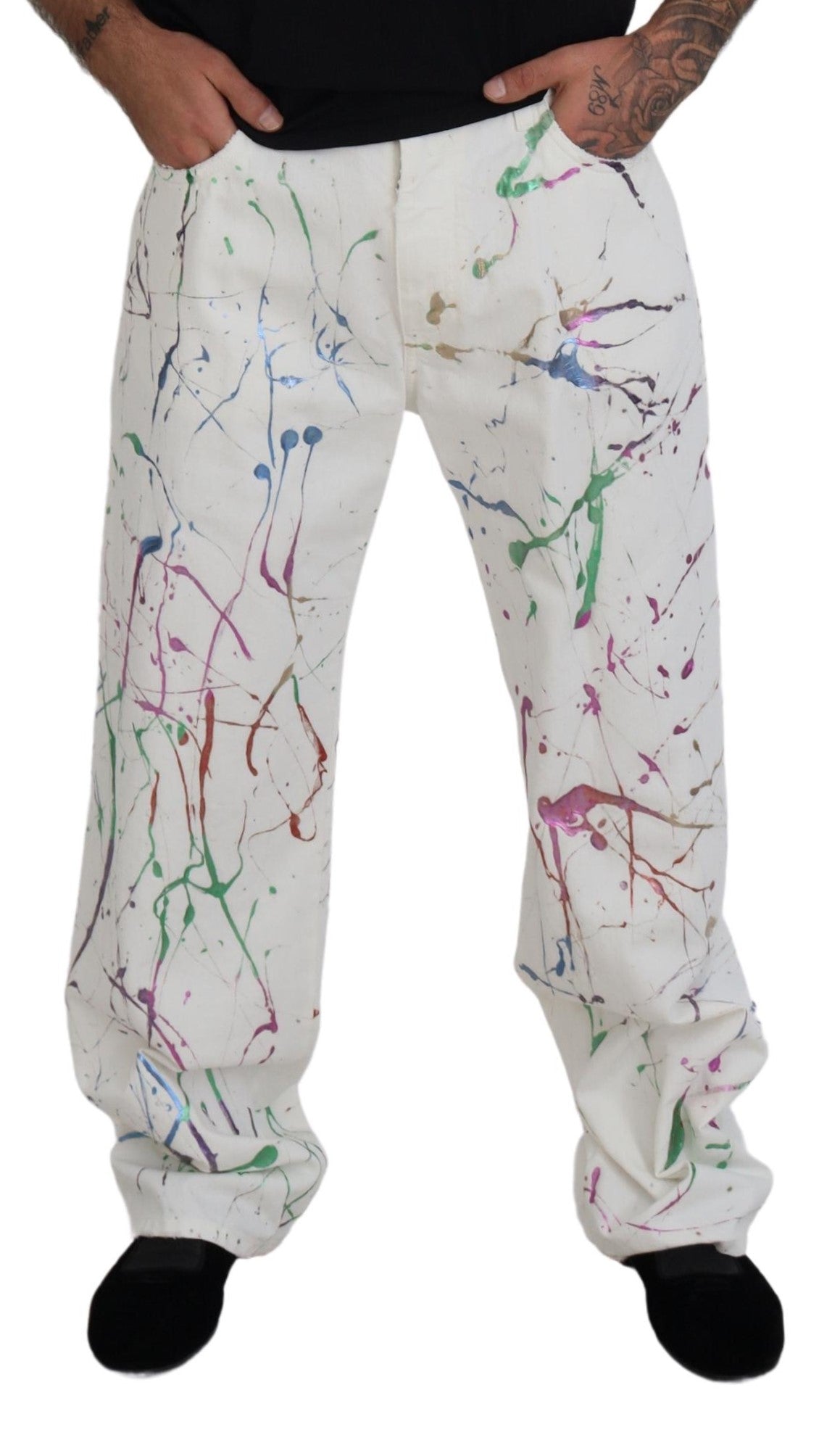 Dolce & Gabbana Chic White Splash Print Denim Pants IT48 / M