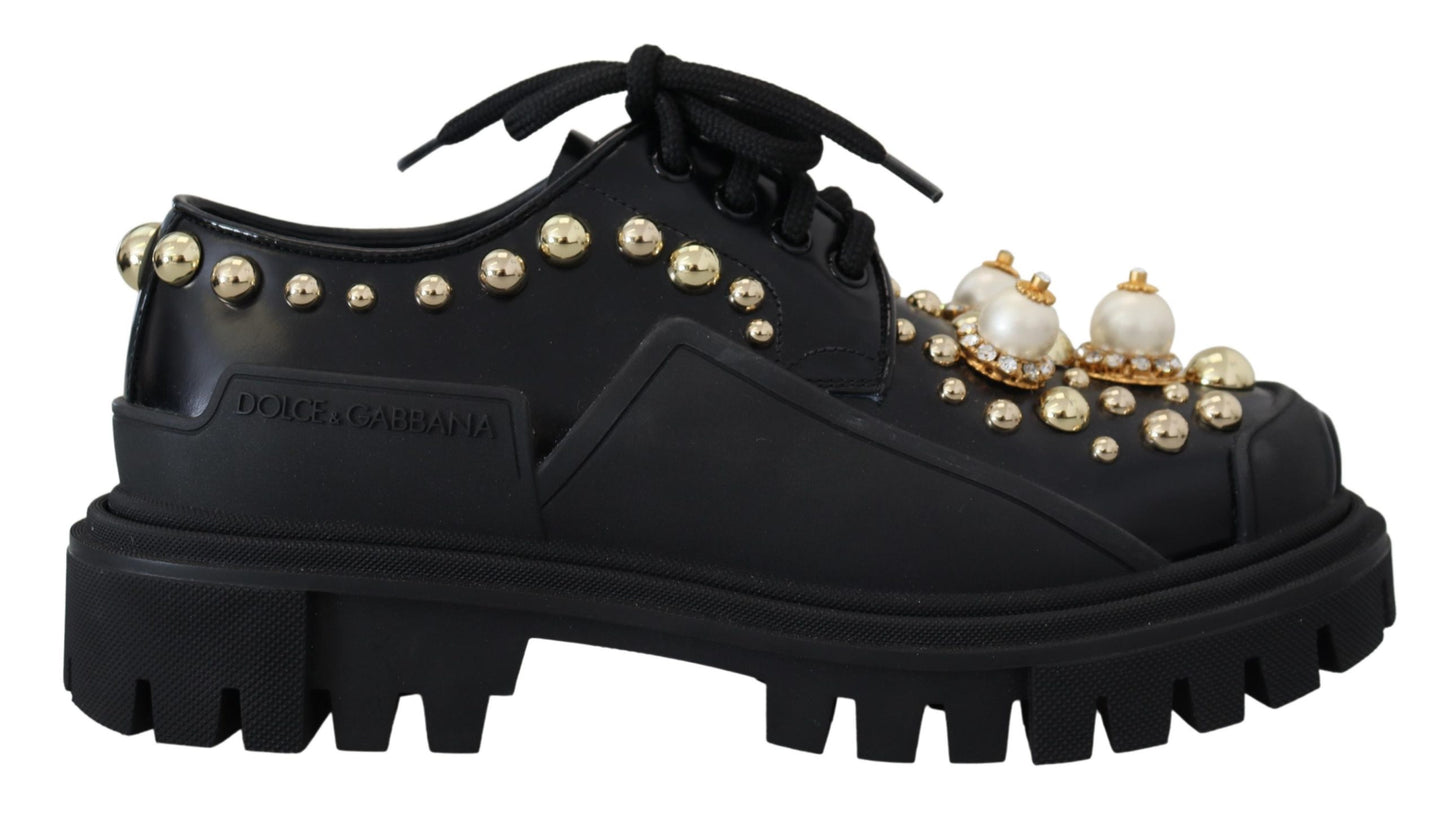 Dolce & Gabbana Timeless Black Leather Derby Flats with Glam Accents EU36 / US5.5