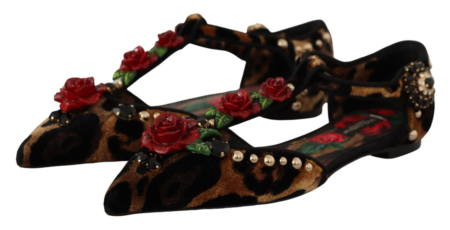 Dolce & Gabbana Floral Embellished Leopard T-Strap Sandals EU35 / US4.5