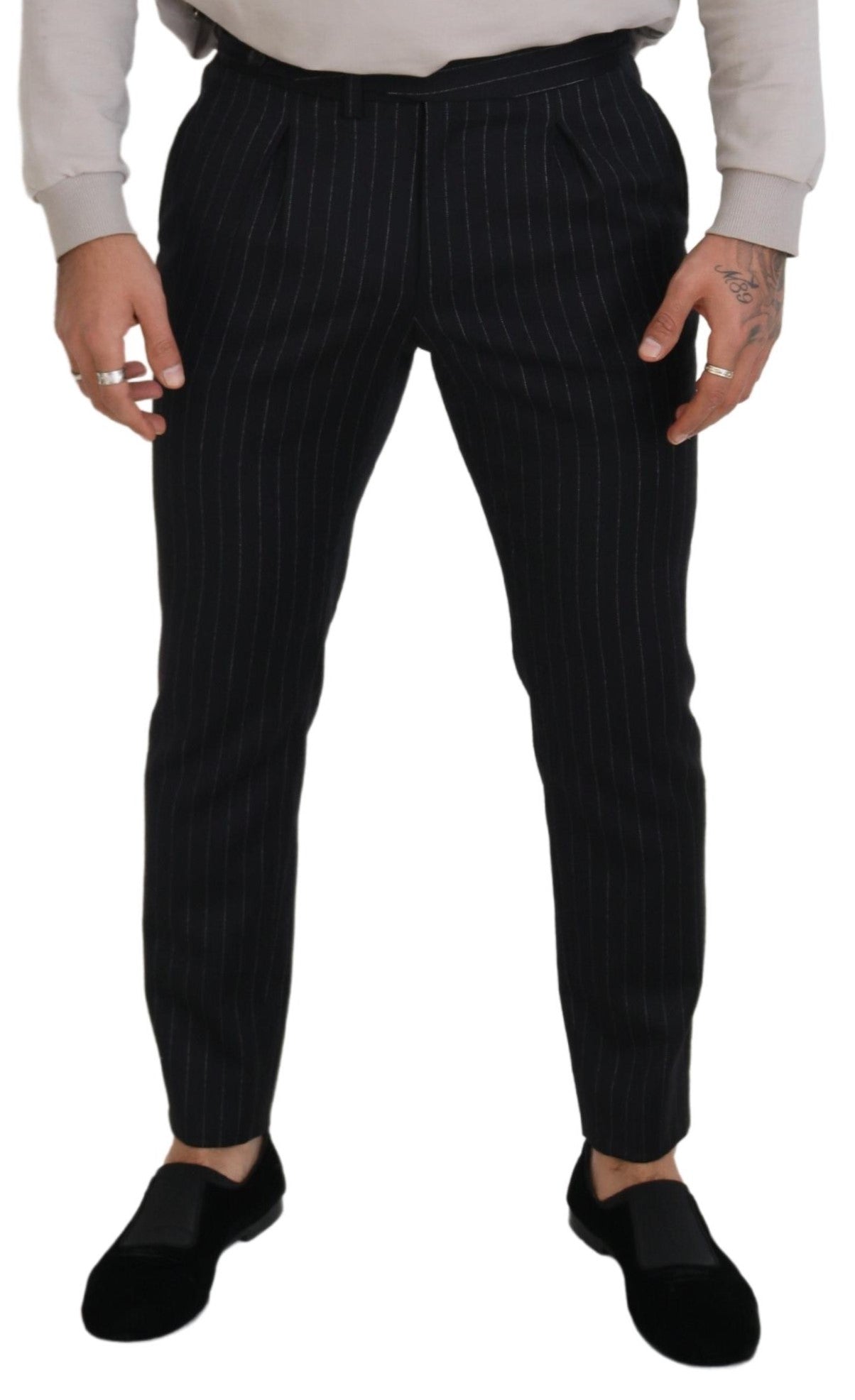 Dolce & Gabbana Elegant Black Striped Wool Blend Trousers IT48 / M