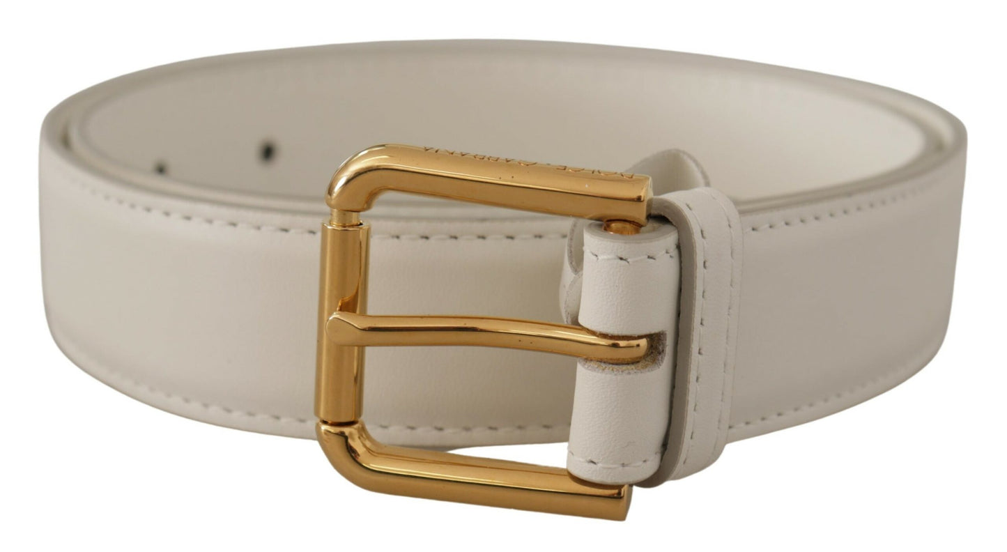 Dolce & Gabbana Chic White Leather Belt with Gold Engraved Buckle 70 CM / 28 INCHES