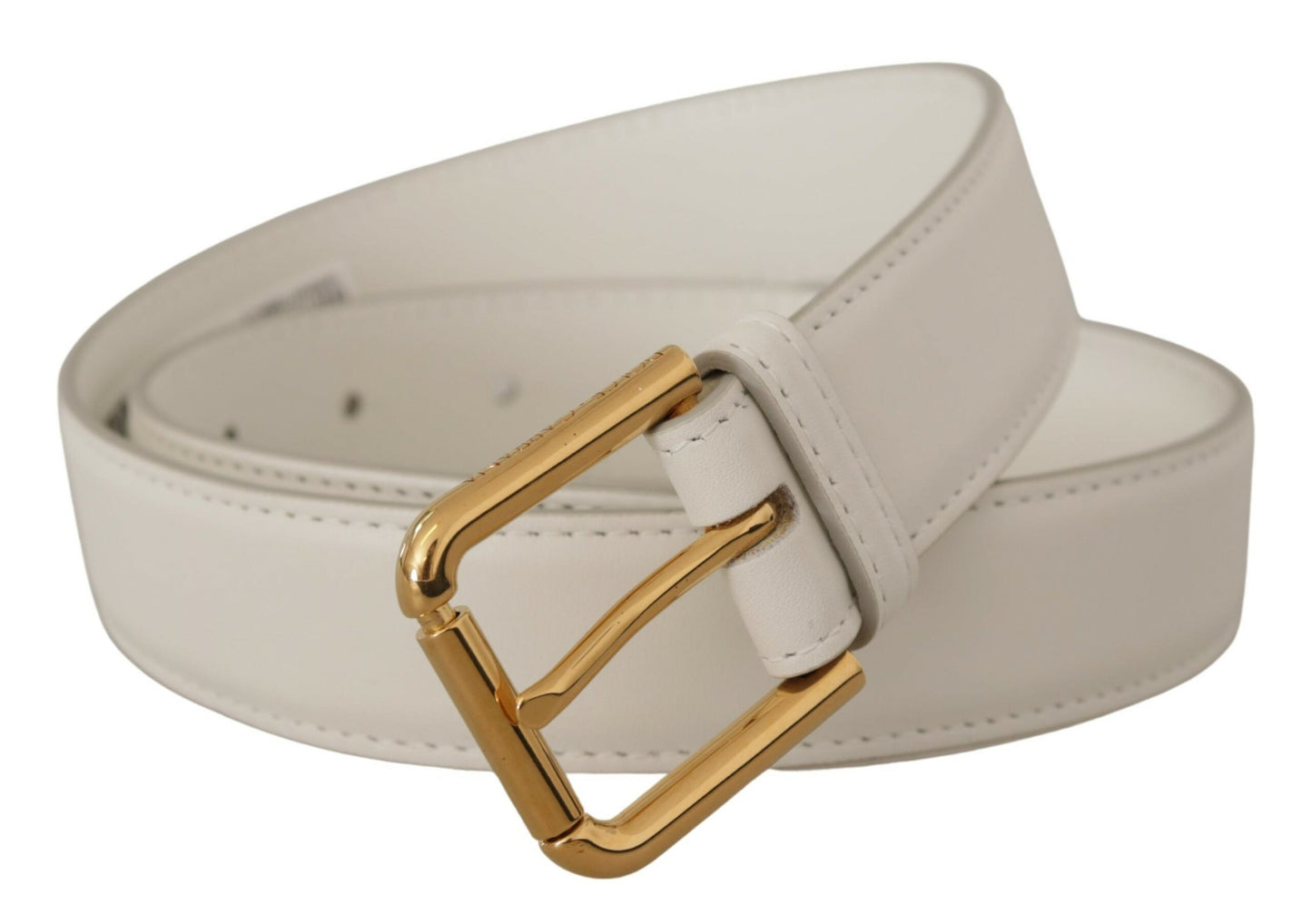 Dolce & Gabbana Chic White Leather Belt with Gold Engraved Buckle 70 CM / 28 INCHES