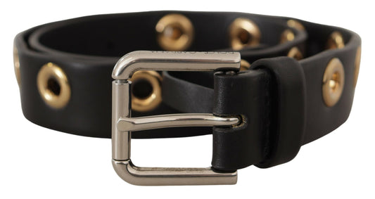 Dolce & Gabbana Chic Black Leather Belt with Engraved Buckle 70CM / 28INCH