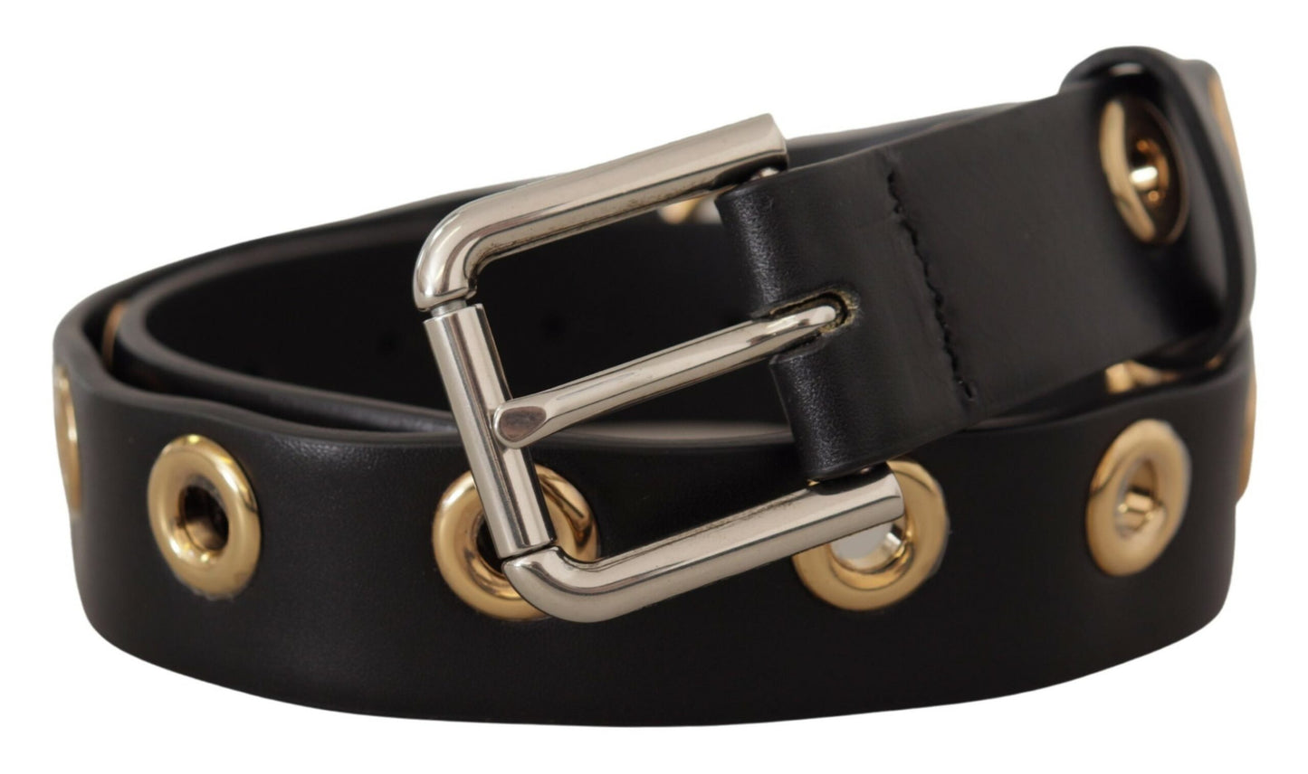 Dolce & Gabbana Chic Black Leather Belt with Engraved Buckle 70CM / 28INCH