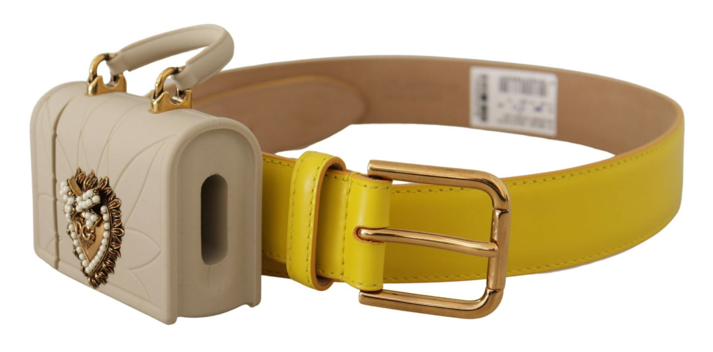 Dolce & Gabbana Chic Yellow Leather Belt with Headphone Case 70 CM / 28 INCHES