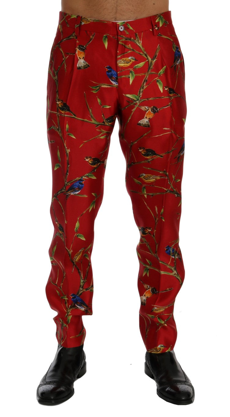 Dolce & Gabbana Elegant Silk Dress Trousers in Red Bird Print IT44 / XS