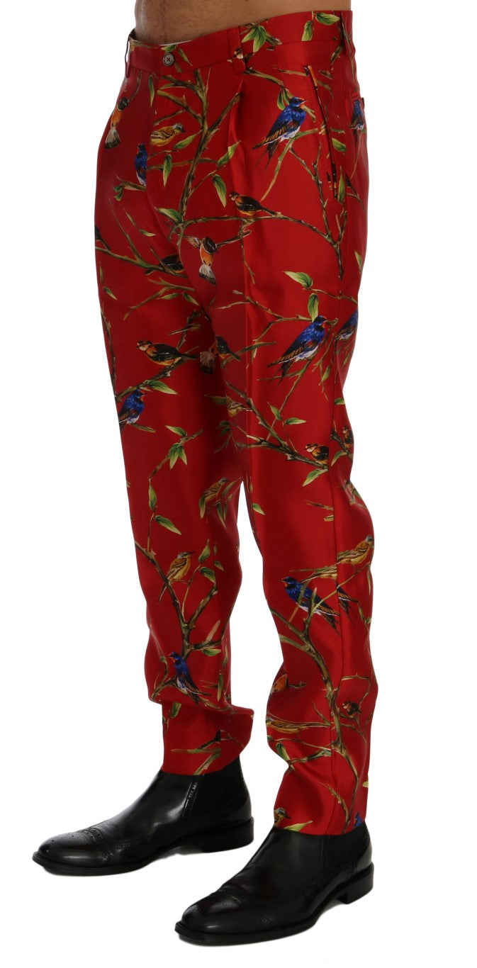 Dolce & Gabbana Elegant Silk Dress Trousers in Red Bird Print IT44 / XS