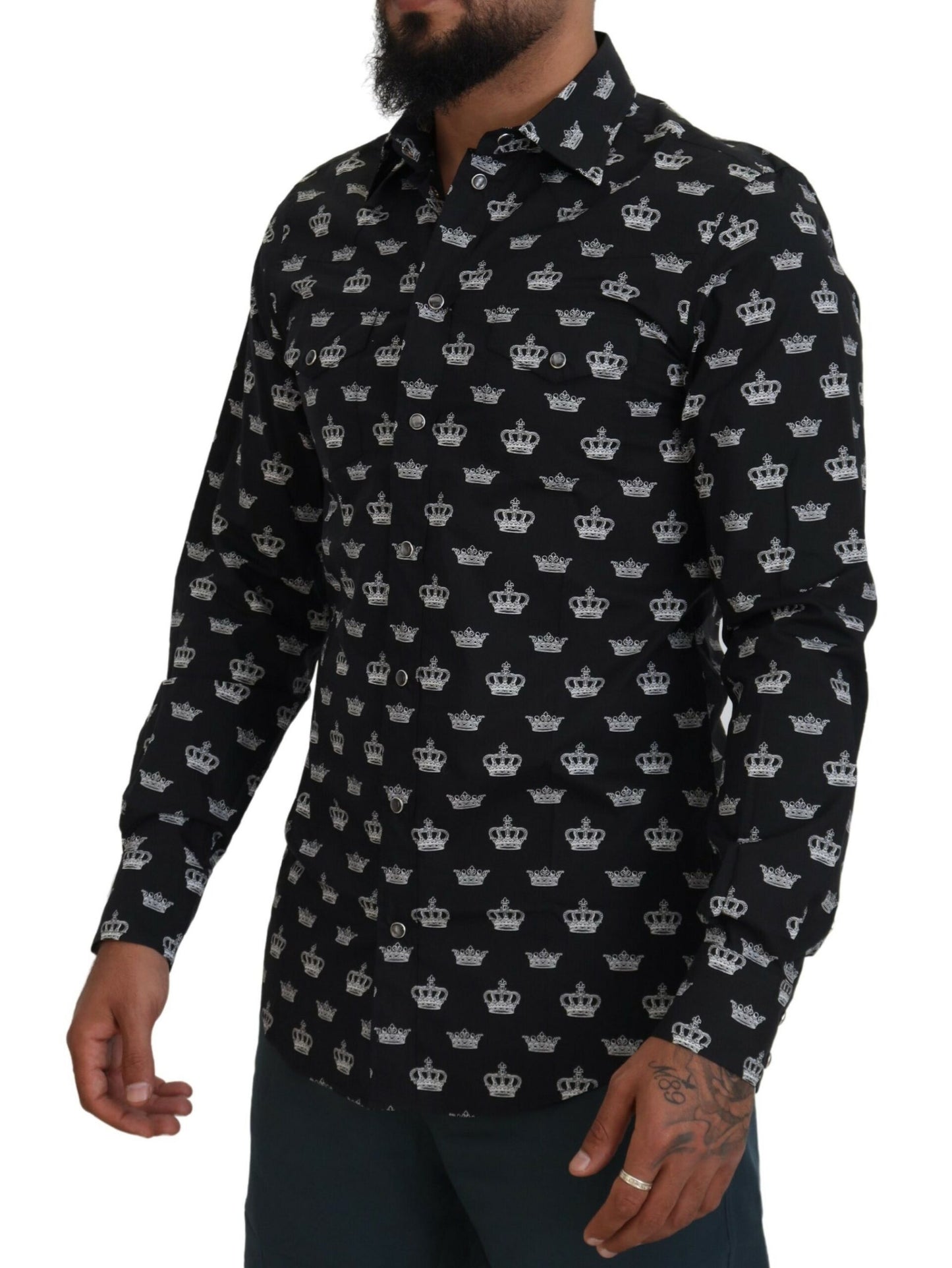 Dolce & Gabbana Elegant Slim Fit Crown Print Formal Shirt IT39 / S