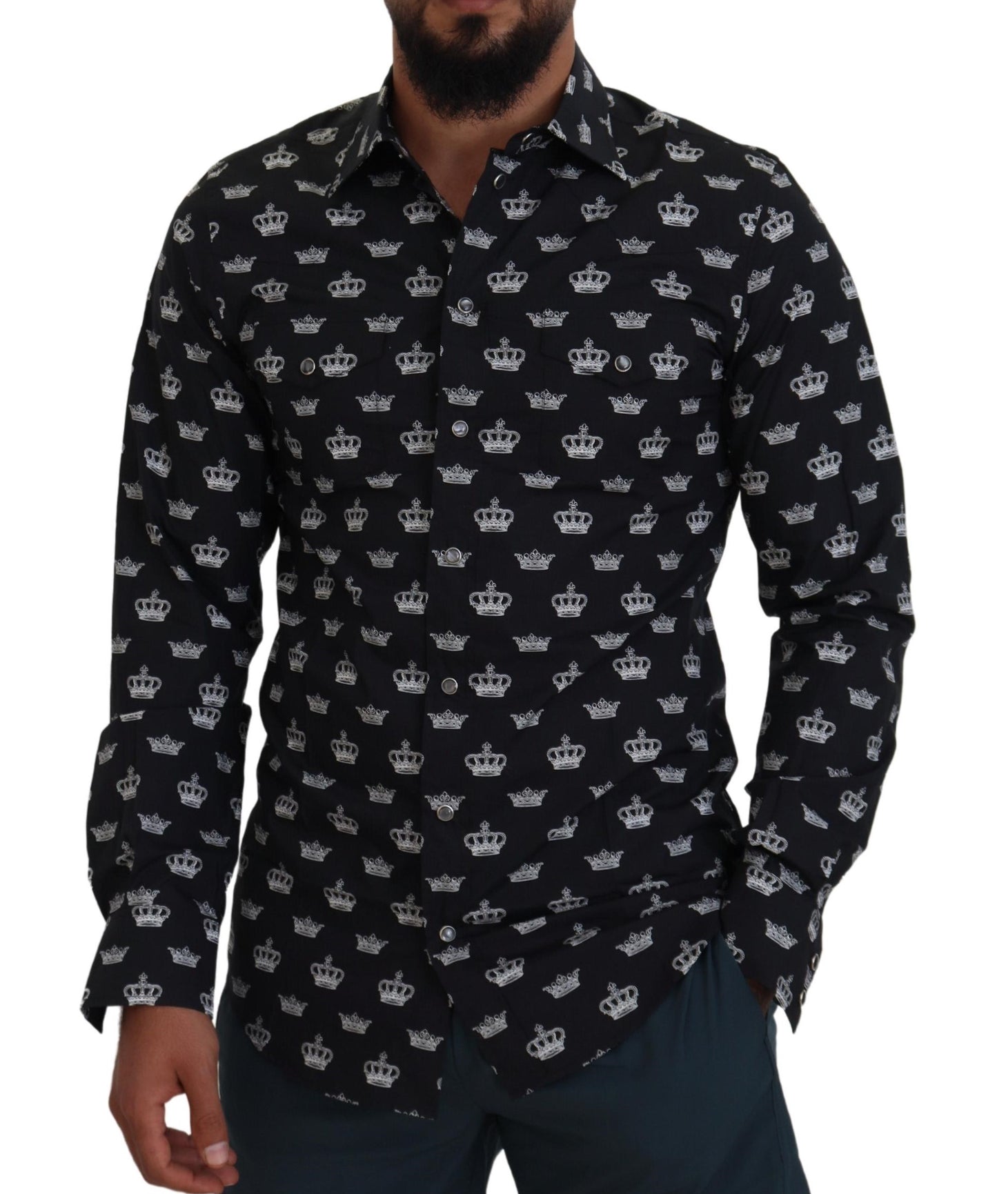 Dolce & Gabbana Elegant Slim Fit Crown Print Formal Shirt IT39 / S