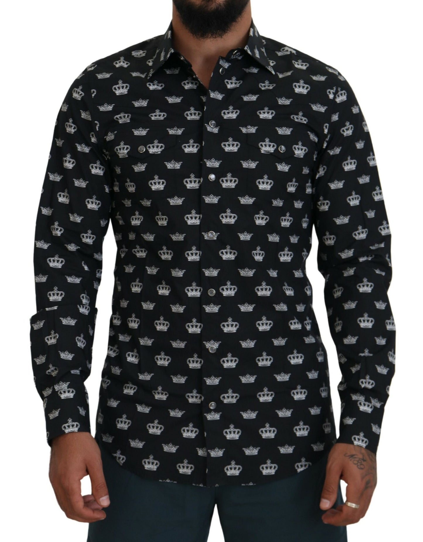 Dolce & Gabbana Elegant Slim Fit Crown Print Formal Shirt IT39 / S