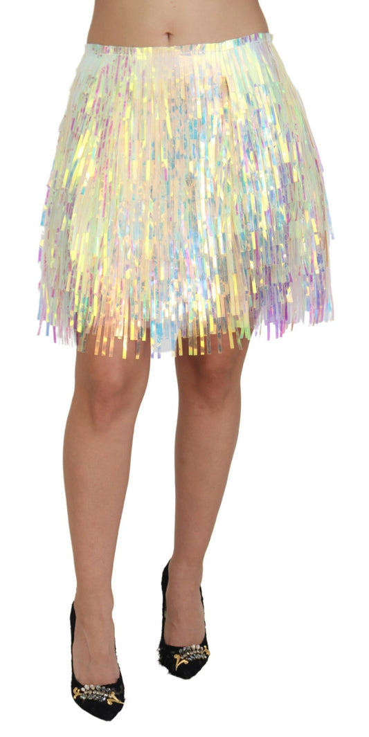 Dolce & Gabbana Iridescent Fringe Mini Skirt Mid Waist IT46 / XL