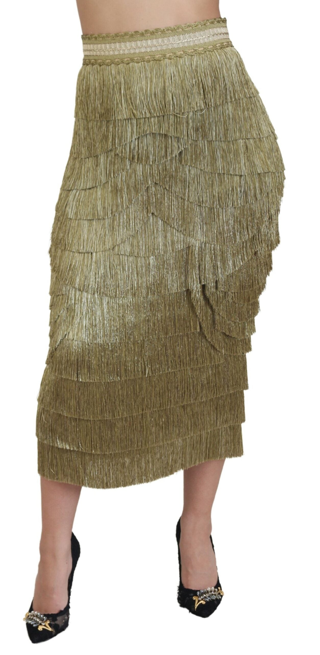 Dolce & Gabbana Golden High Waist Tiered Midi Skirt IT42 / M