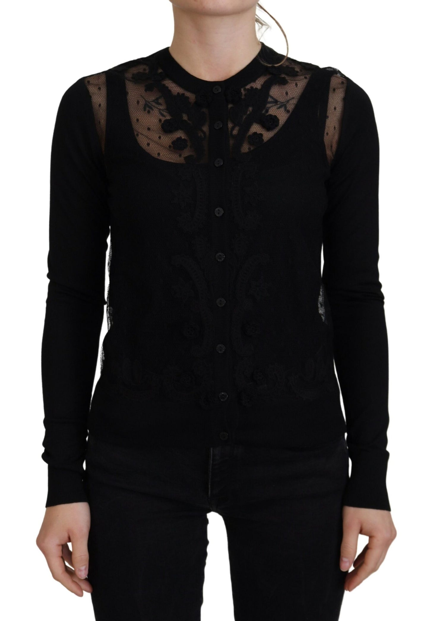 Dolce & Gabbana Elegant Black Floral Lace Cardigan Sweater IT38 / XS