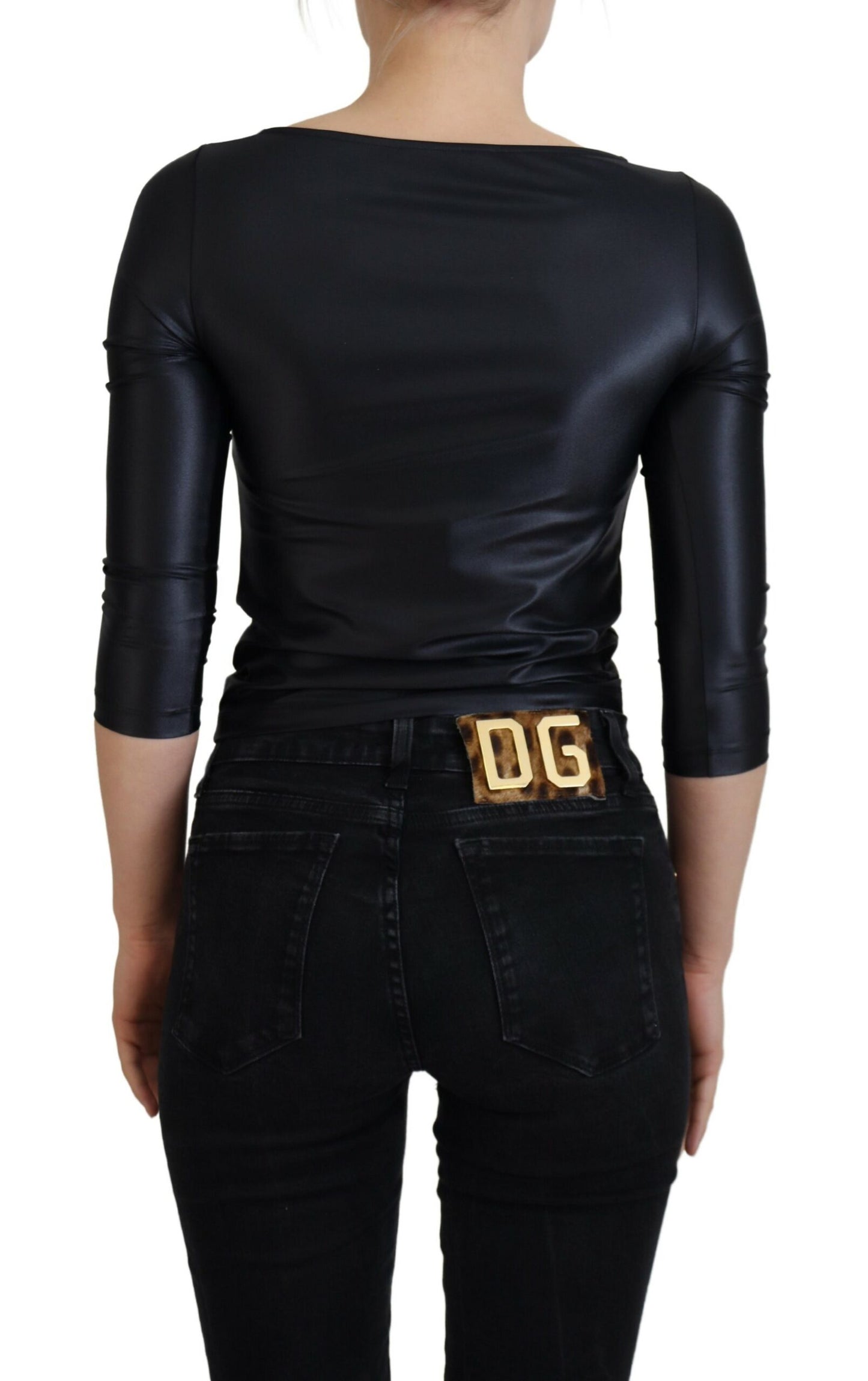 Dolce & Gabbana Elegant Black 3/4 Sleeve Top with Gold Detailing IT40 / S