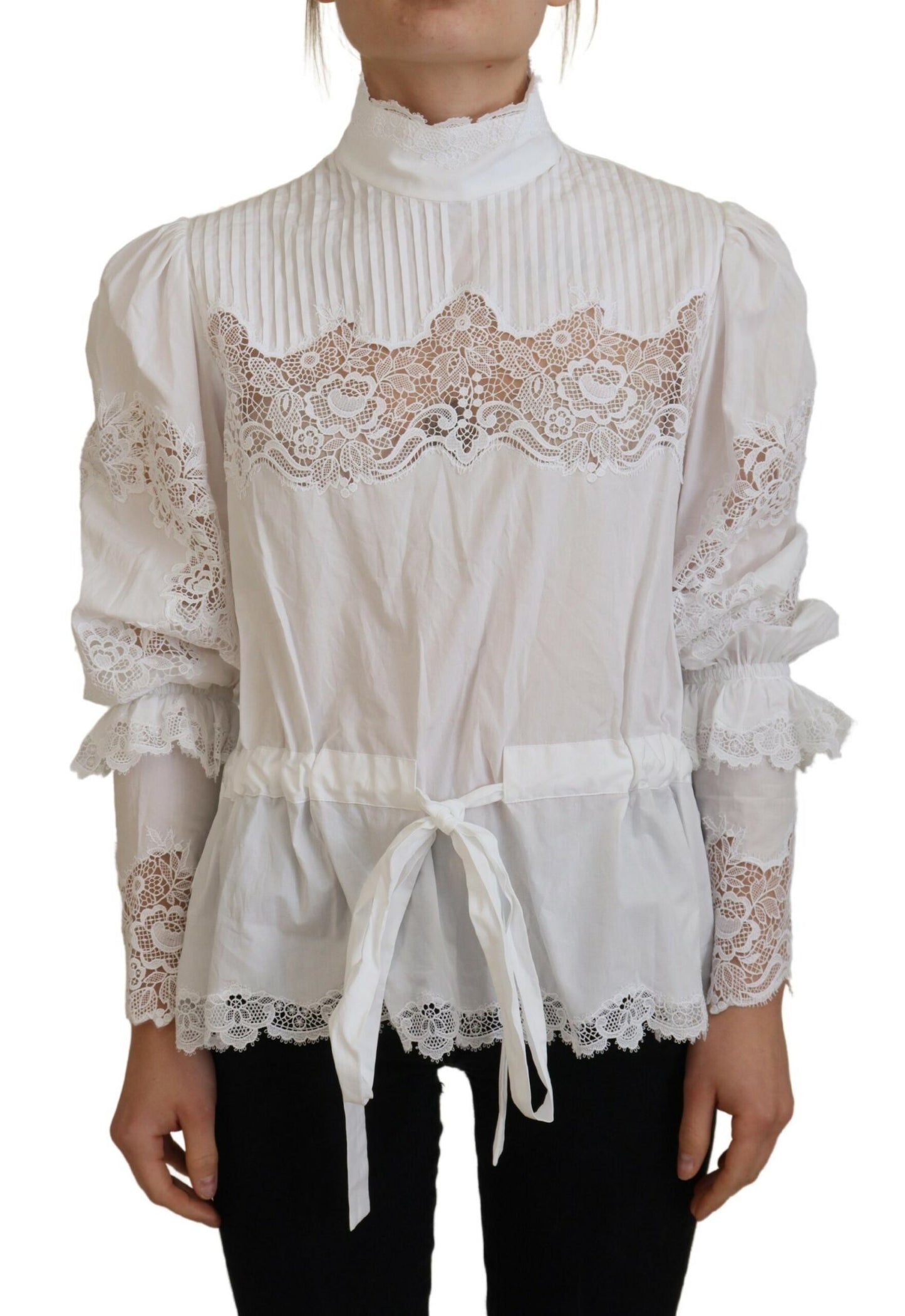 Dolce & Gabbana Elegant White Lace Trim Cotton Blouse IT40 / S