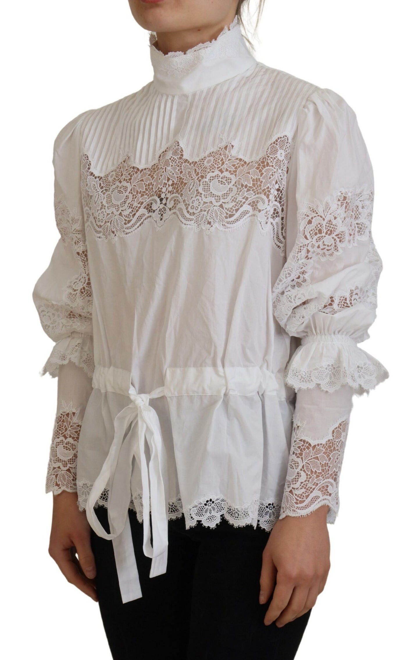 Dolce & Gabbana Elegant White Lace Trim Cotton Blouse IT40 / S