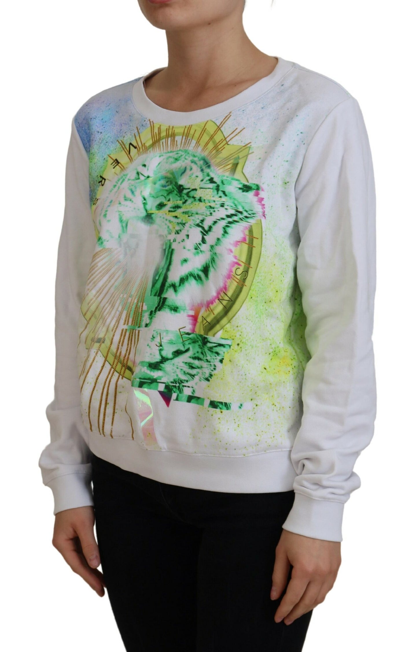 Versace Jeans Elegant White Graphic Crew Neck Sweater IT38 | XS