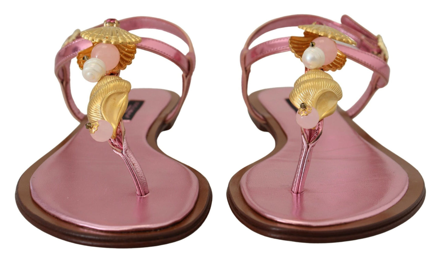 Dolce & Gabbana Chic Pink Leather Sandals with Exquisite Embellishment EU37 / US6.5