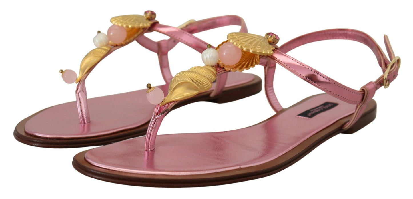 Dolce & Gabbana Chic Pink Leather Sandals with Exquisite Embellishment EU37 / US6.5