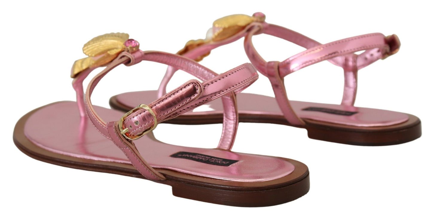 Dolce & Gabbana Chic Pink Leather Sandals with Exquisite Embellishment EU37 / US6.5