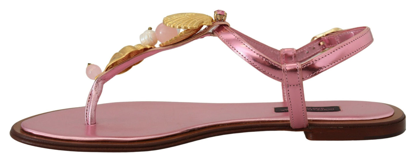 Dolce & Gabbana Chic Pink Leather Sandals with Exquisite Embellishment EU37 / US6.5