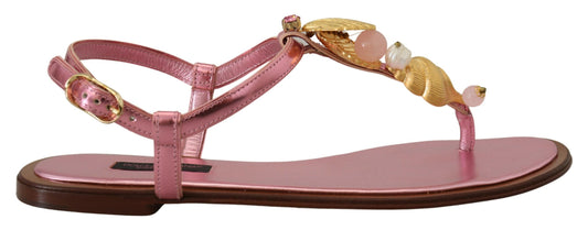 Dolce & Gabbana Chic Pink Leather Sandals with Exquisite Embellishment EU37 / US6.5