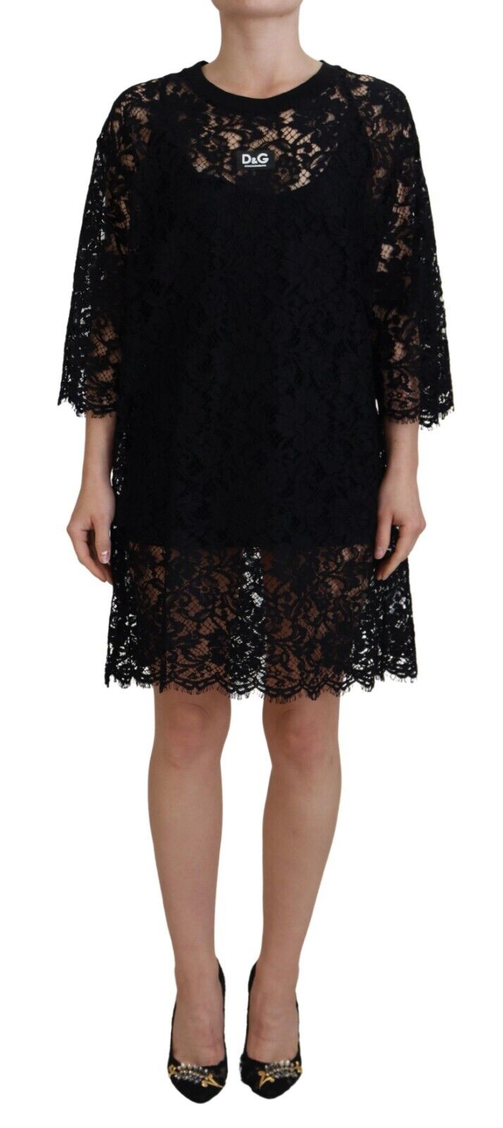 Dolce & Gabbana Elegant Black Floral Lace Shift Dress IT40 / S