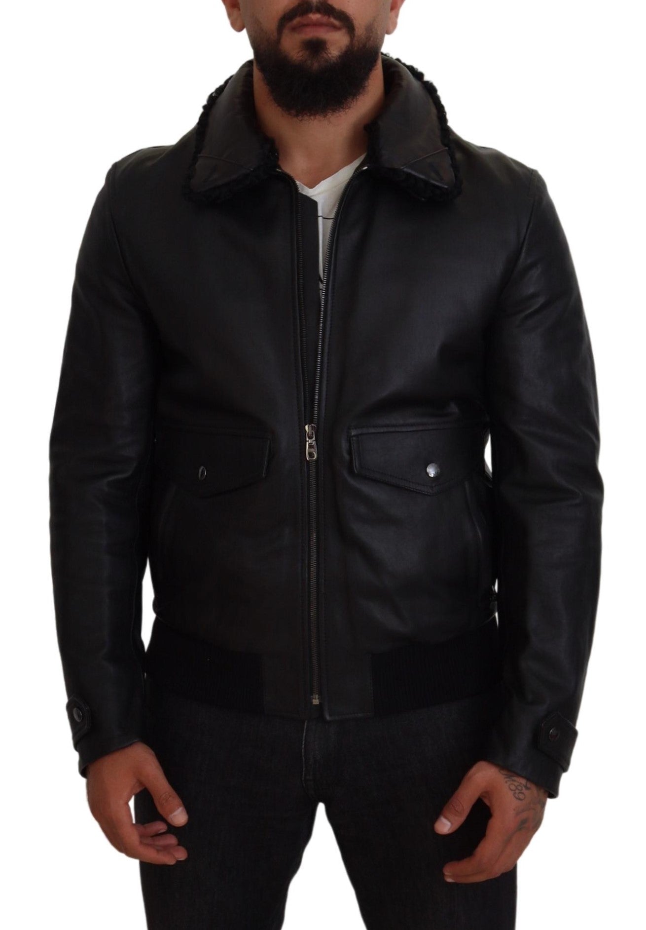 Dolce & Gabbana Chic Black Leather Silk-Lined Jacket IT52 / L