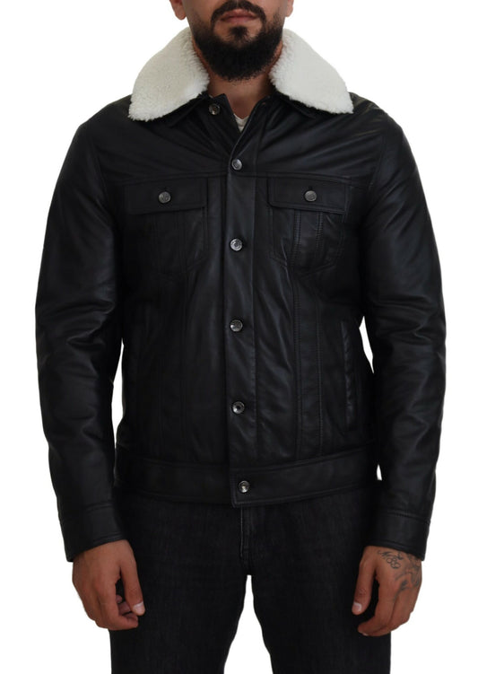 Dolce & Gabbana Elegant Black Leather Bomber Jacket IT48 / M