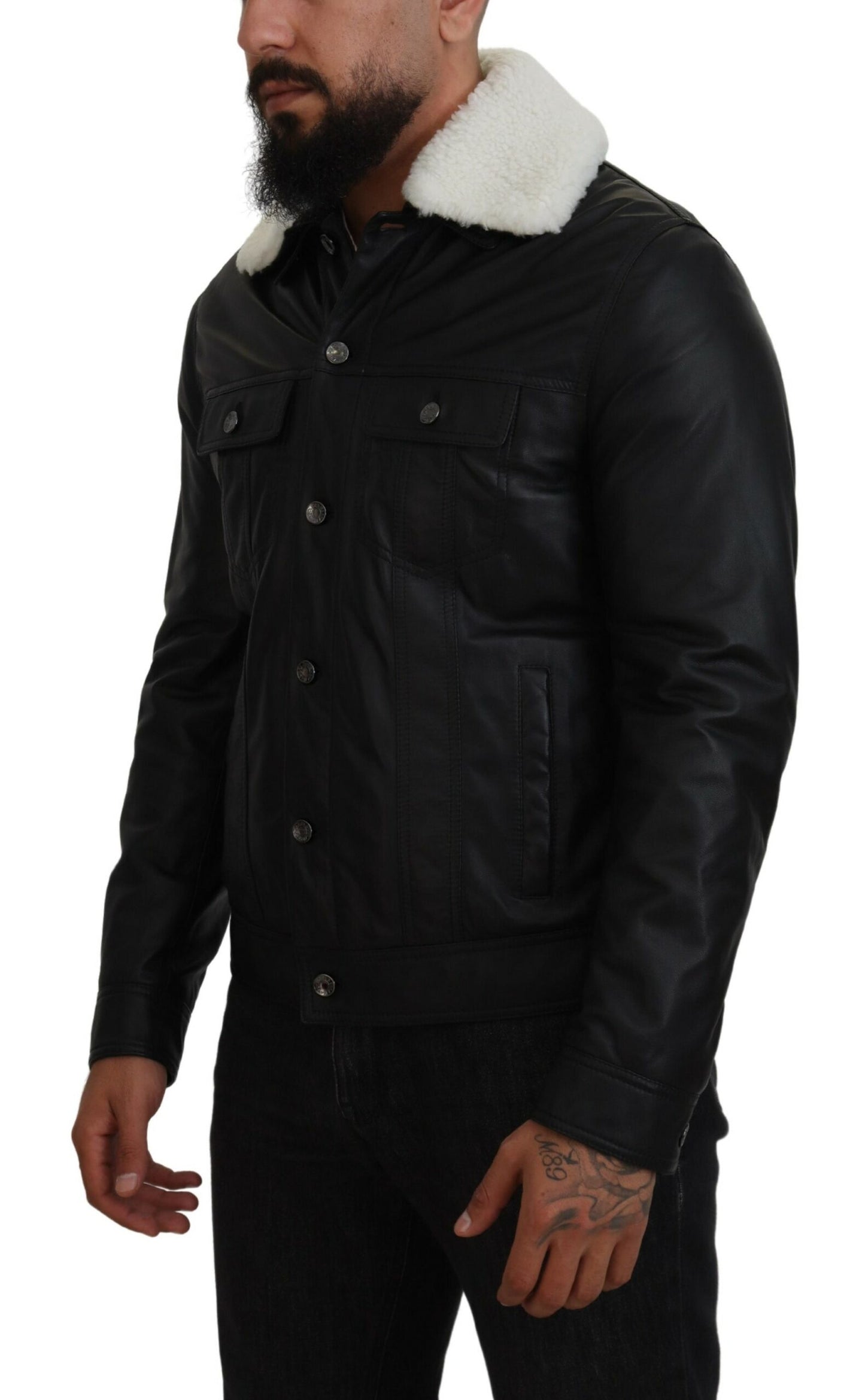 Dolce & Gabbana Elegant Black Leather Bomber Jacket IT48 / M