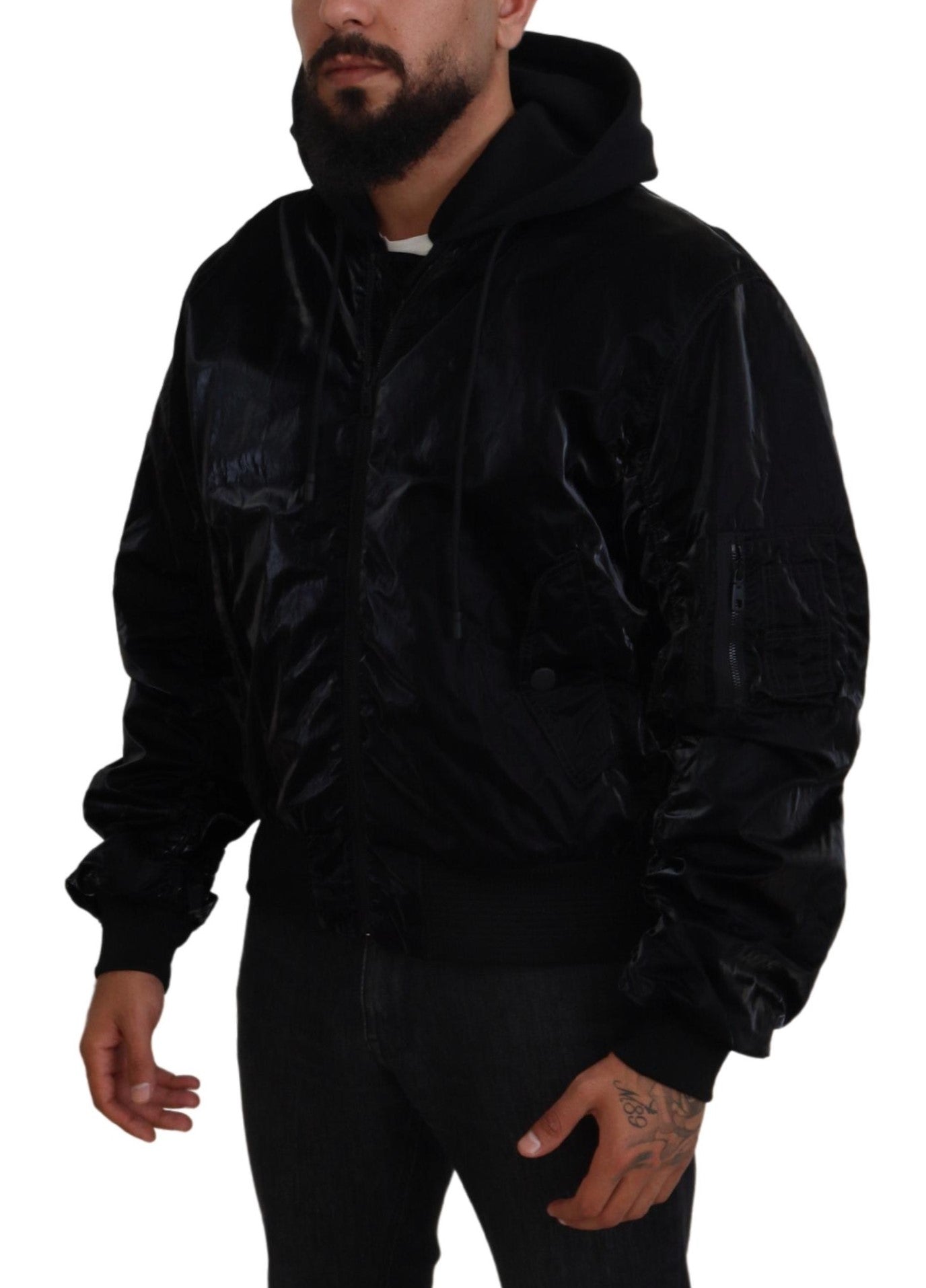 Dolce & Gabbana Elegant Black Bomber Hooded Jacket IT48 / M