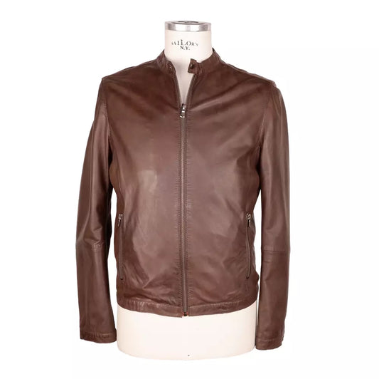 Emilio Romanelli Elegant Brown Leather Jacket with Snap Collar IT46 | S