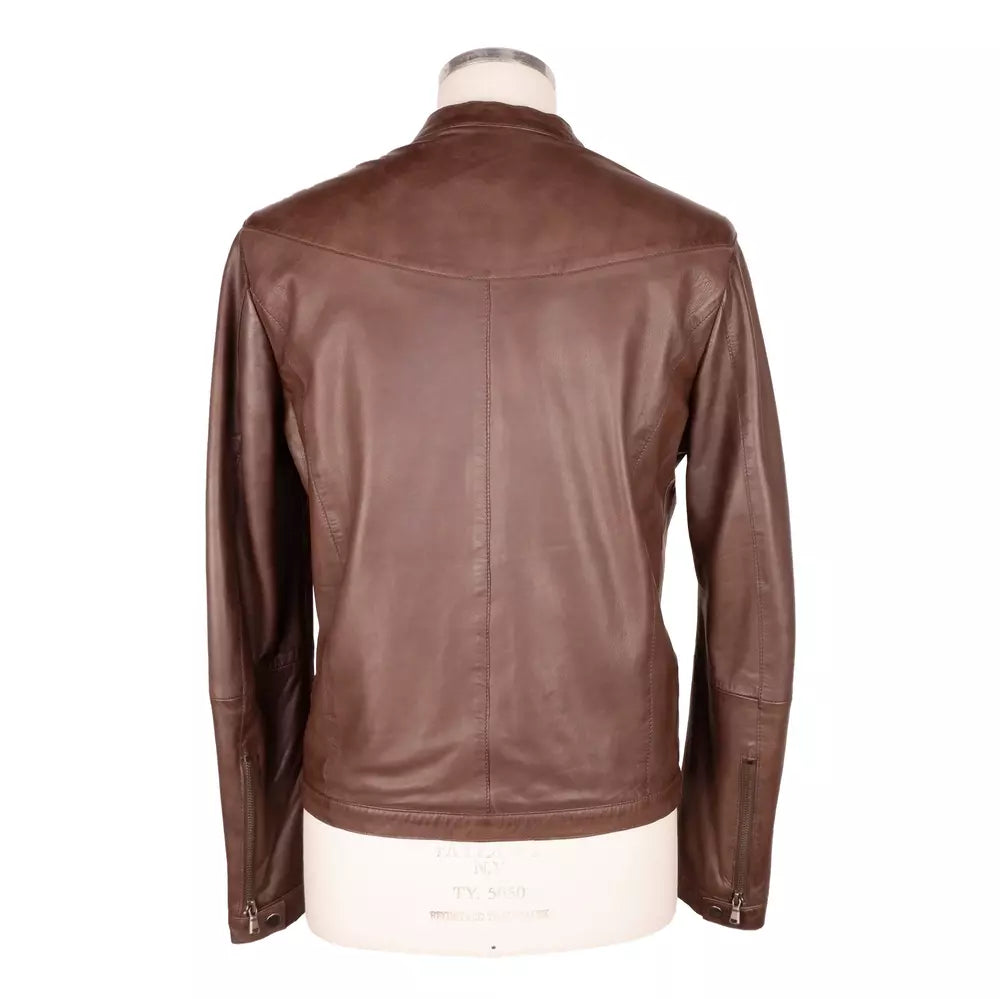 Emilio Romanelli Elegant Brown Leather Jacket with Snap Collar IT46 | S