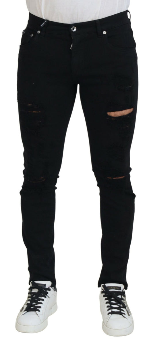 Dolce & Gabbana Svelte Black Tattered Slim Fit Denim IT48 / M