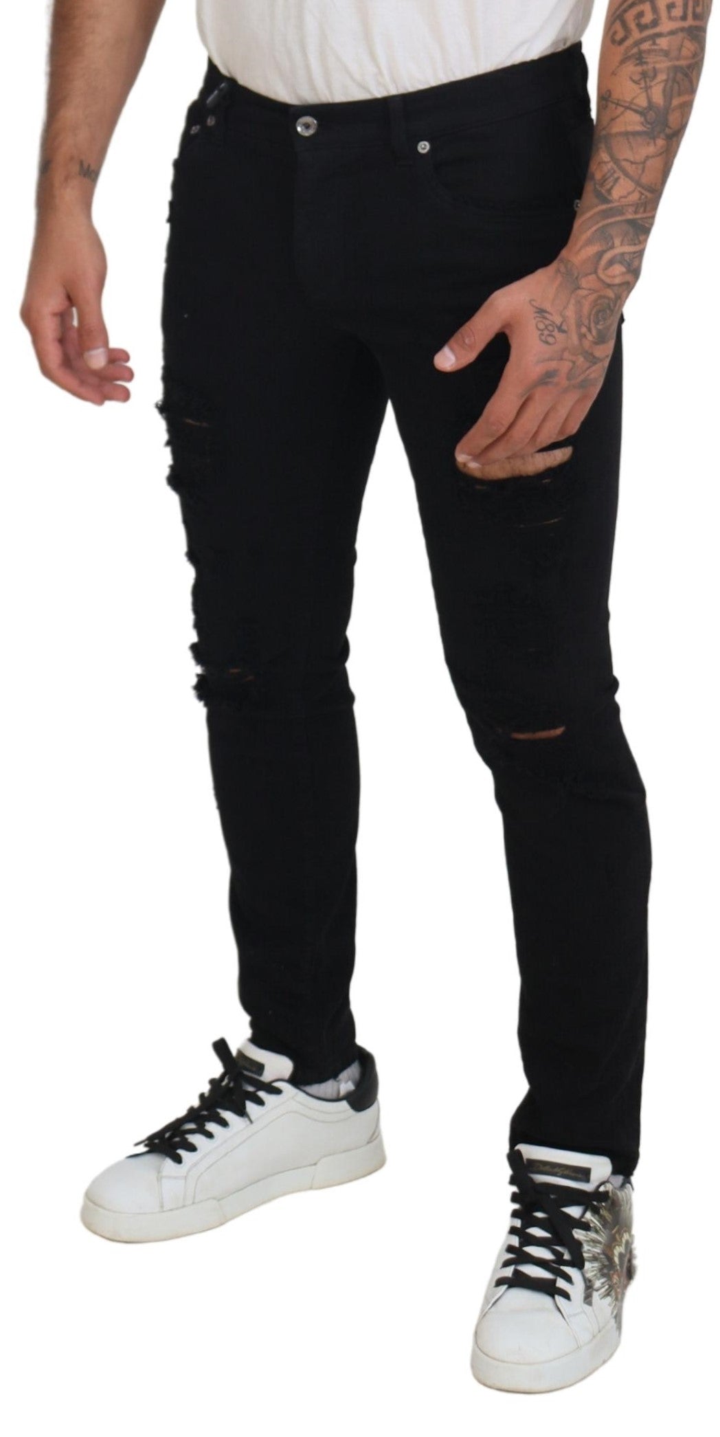 Dolce & Gabbana Svelte Black Tattered Slim Fit Denim IT48 / M