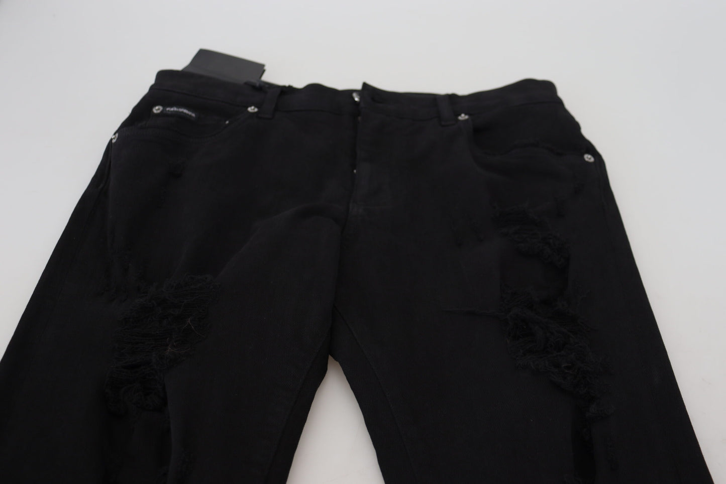 Dolce & Gabbana Svelte Black Tattered Slim Fit Denim IT48 / M