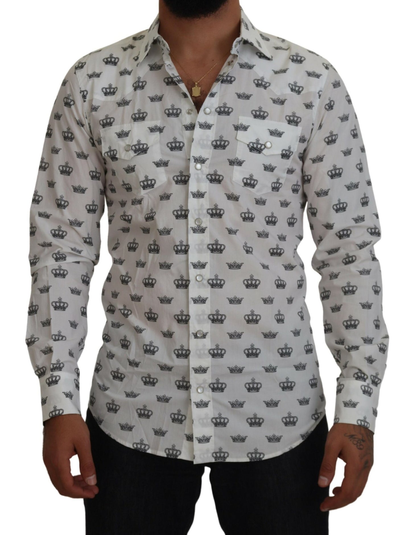 Dolce & Gabbana Slim Fit Crown Print Dress Shirt IT37 / XS