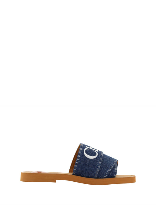 Chloé Sumptuous Cotton Woody Slide Sandals in Denim Blue EU37 | US7