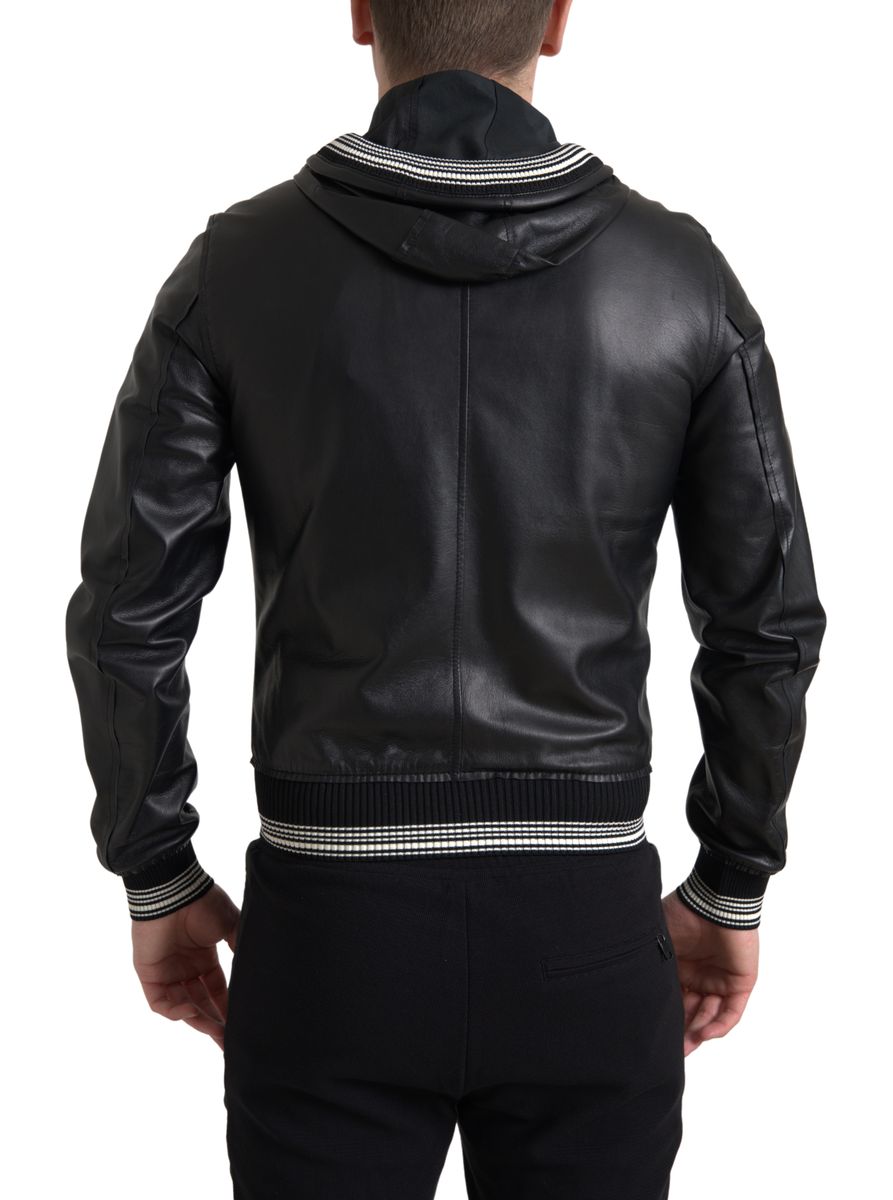 Dolce & Gabbana Elegant Black Leather Bomber Jacket IT46 / S