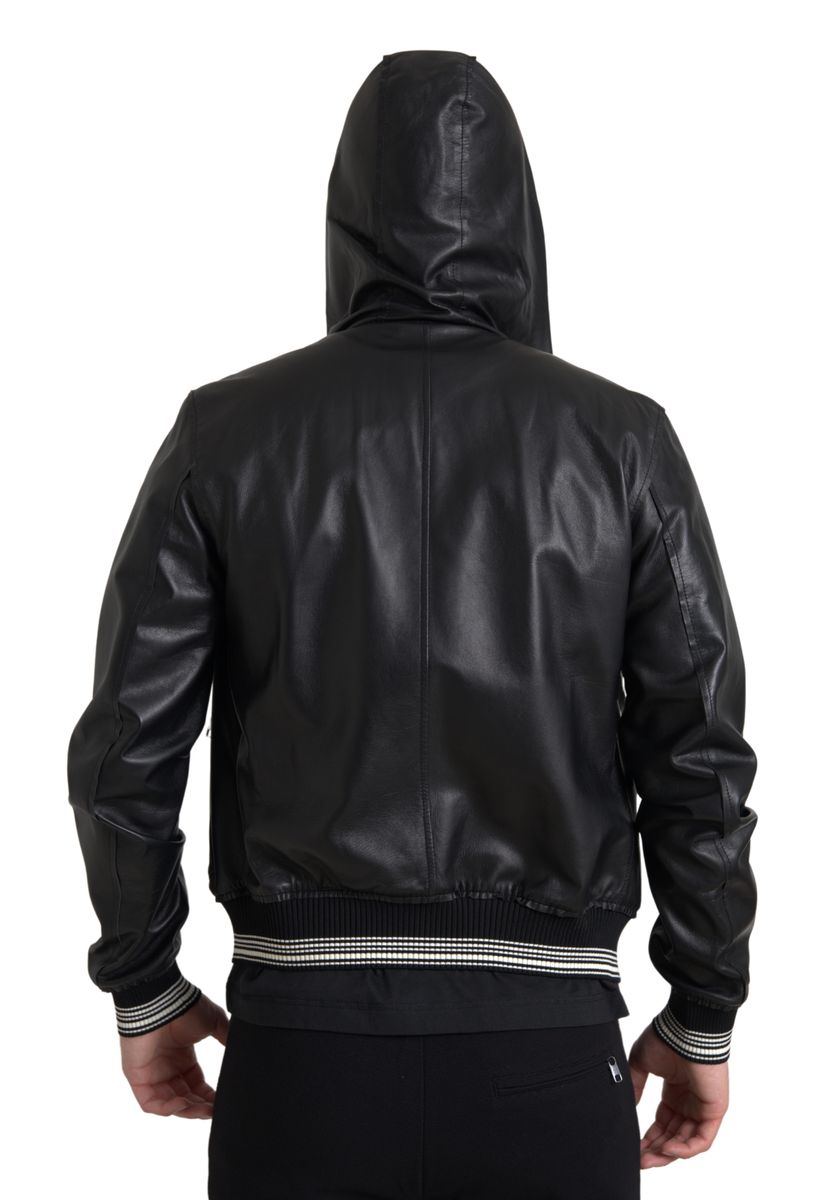 Dolce & Gabbana Elegant Black Leather Bomber Jacket IT46 / S