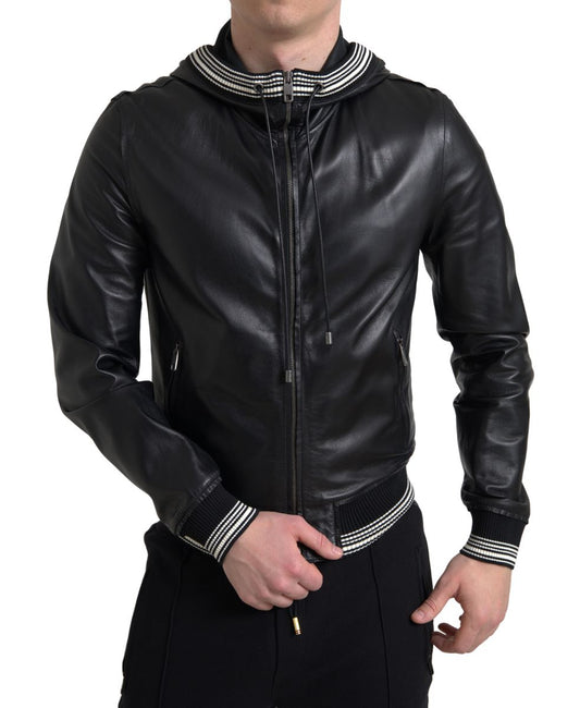 Dolce & Gabbana Elegant Black Leather Bomber Jacket IT46 / S