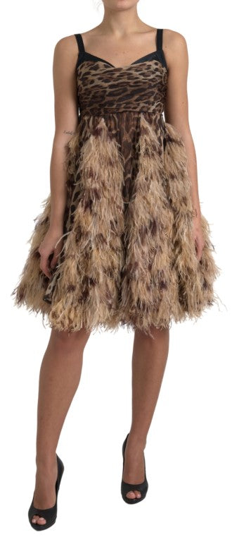 Dolce & Gabbana Sleeveless Leopard Chiffon Ostrich-Feather Dress IT40 / S