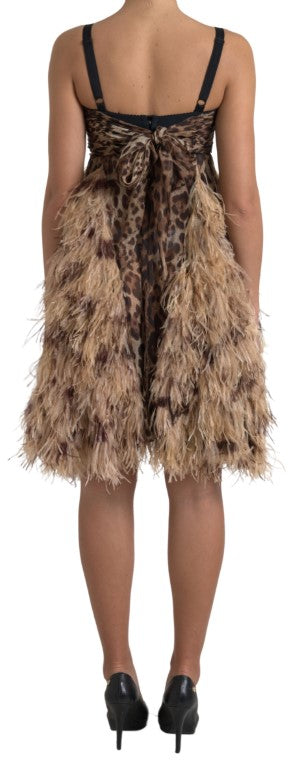 Dolce & Gabbana Sleeveless Leopard Chiffon Ostrich-Feather Dress IT40 / S