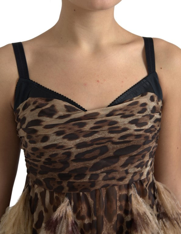 Dolce & Gabbana Sleeveless Leopard Chiffon Ostrich-Feather Dress IT40 / S