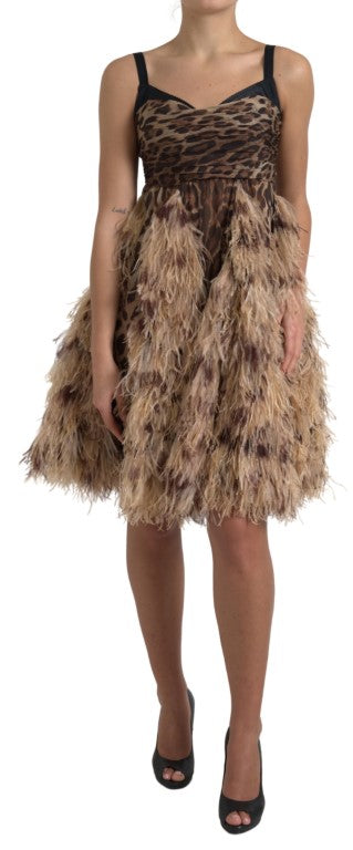 Dolce & Gabbana Sleeveless Leopard Chiffon Ostrich-Feather Dress IT40 / S