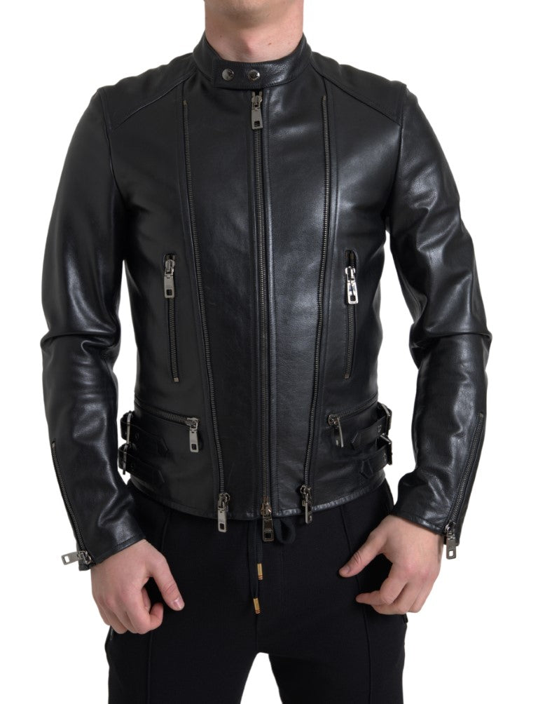 Dolce & Gabbana Sleek Black Leather Biker Jacket IT48 / M