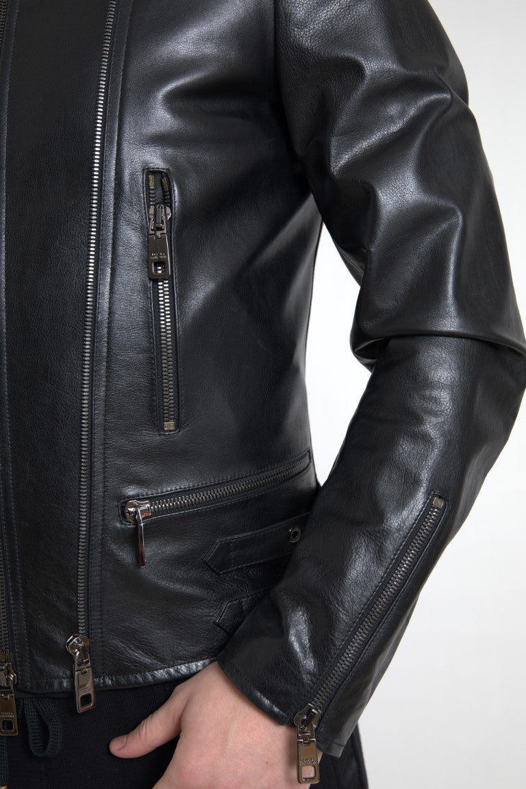 Dolce & Gabbana Sleek Black Leather Biker Jacket IT48 / M