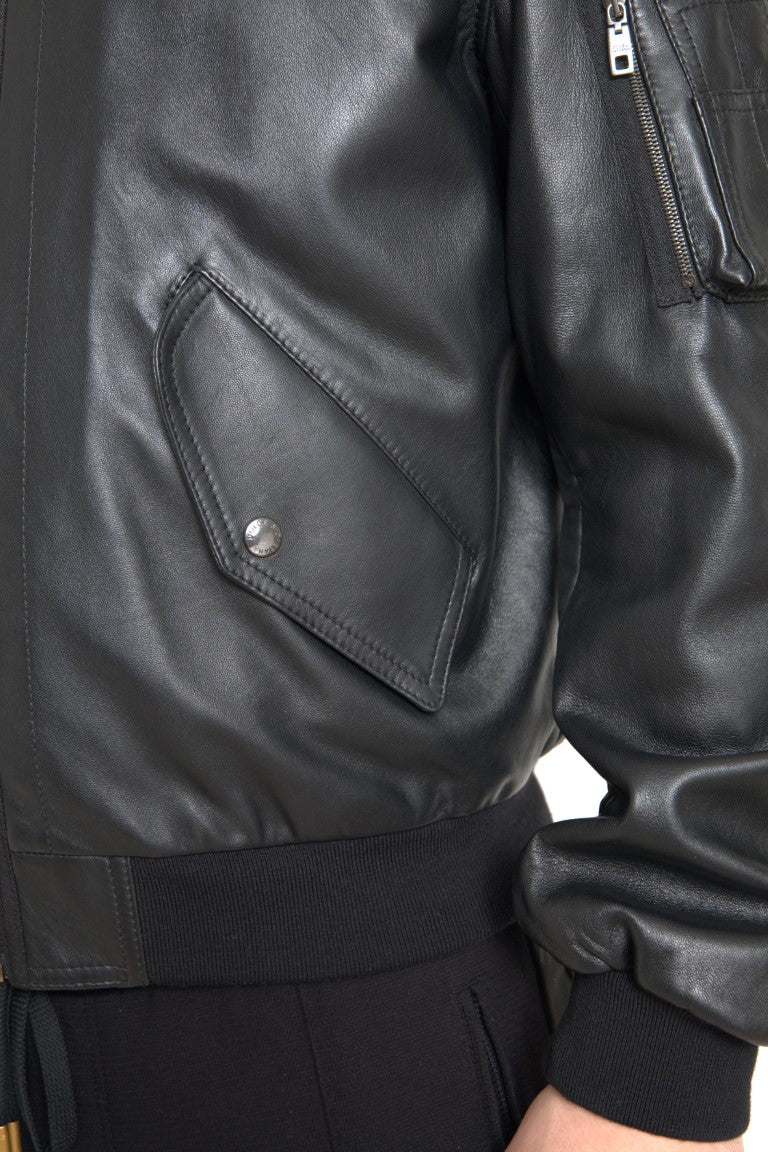 Dolce & Gabbana Elegant Black Leather Bomber Jacket IT44 / XS