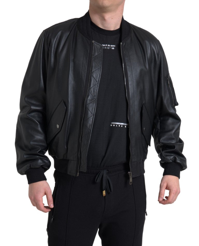 Dolce & Gabbana Elegant Black Leather Bomber Jacket IT44 / XS