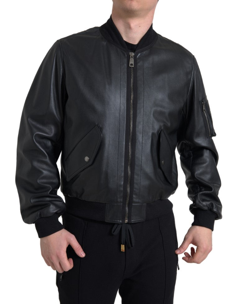 Dolce & Gabbana Elegant Black Leather Bomber Jacket IT44 / XS